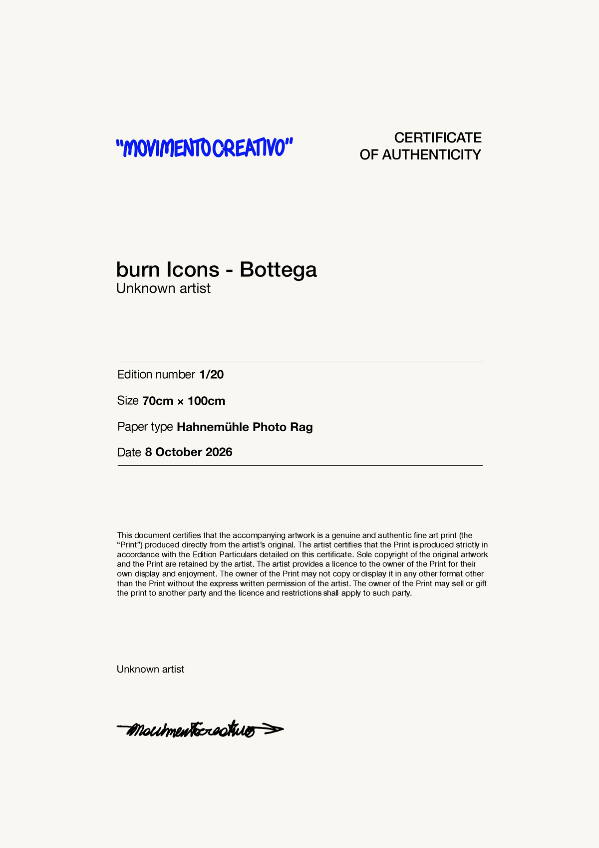 burn Icons - Bottega — Certificate of Authenticity