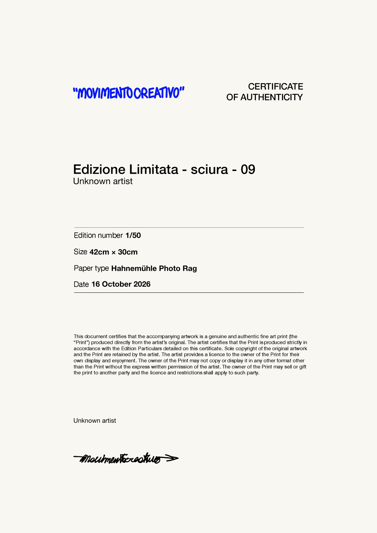Edizione Limitata - sciura - 09 — Certificate of Authenticity